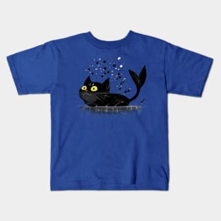 Black Cat Dreams of Being a Mermaid Kids T-Shirt